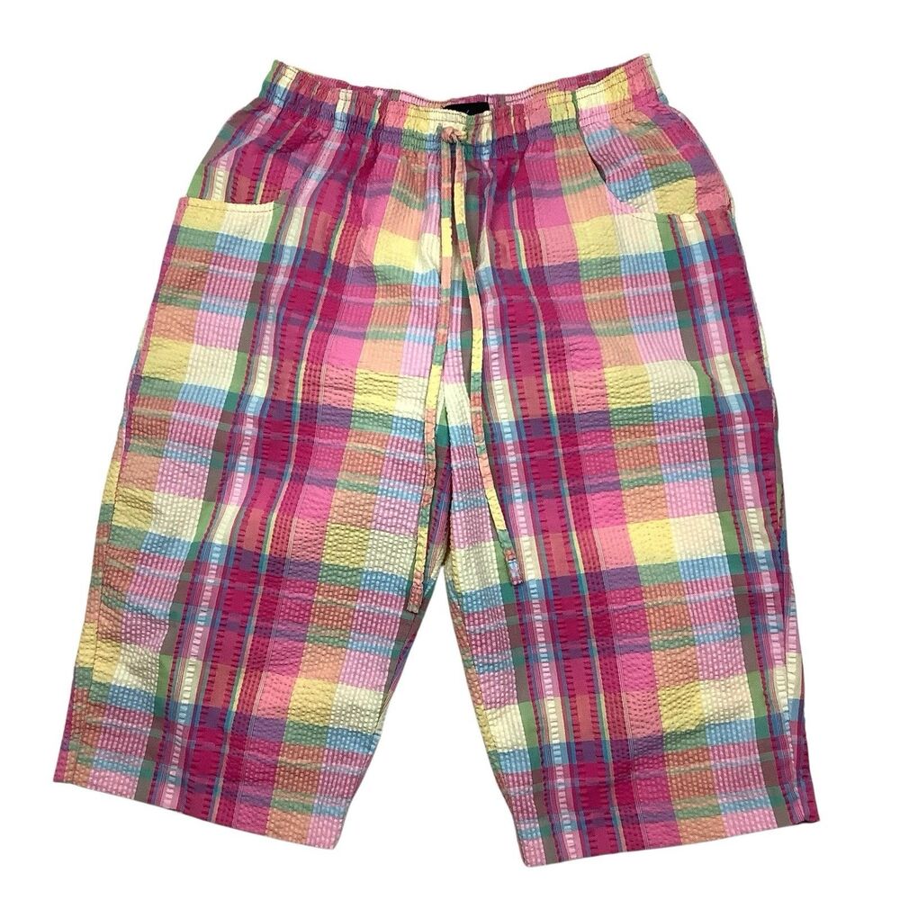 Jeno Neuman Elastic Waist Capri Bermuda Shorts Seersucker Madras Plaid Women M
